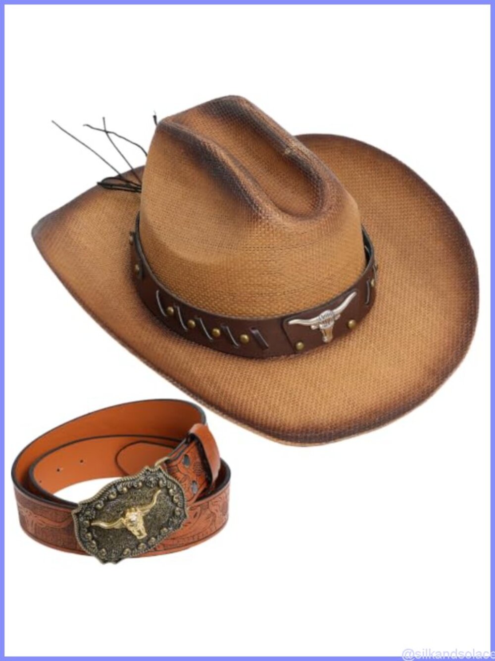 Straw Cowboy Hat & Faux Leather Belt Set Western Outfit Accessories